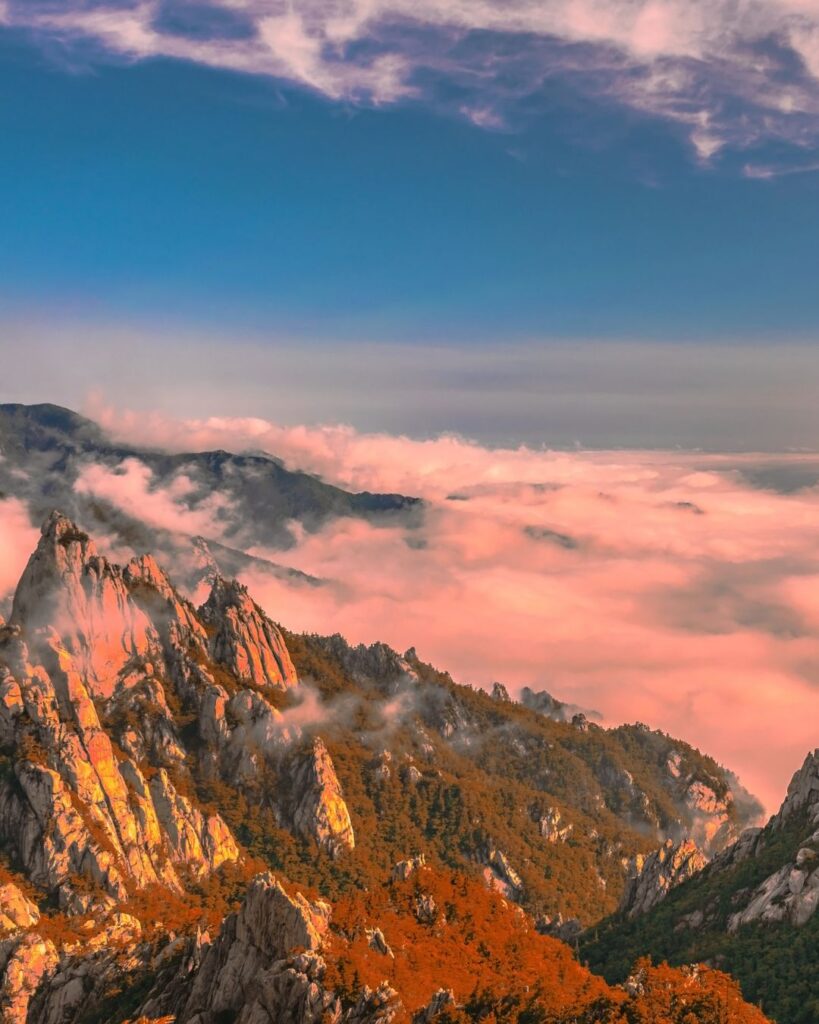 Rocky mountain peaks and colorful autumn forests at Bukhansan National Park