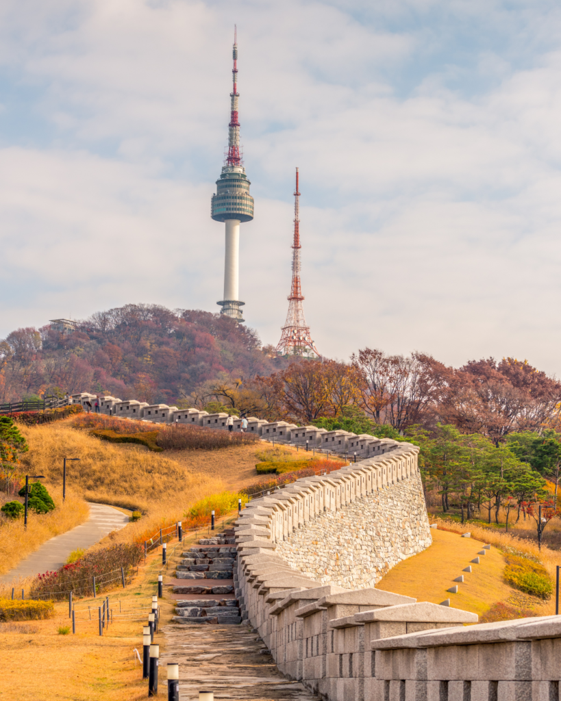 Seoul skyline surrounded by autumn foliage from Namsan Mountain