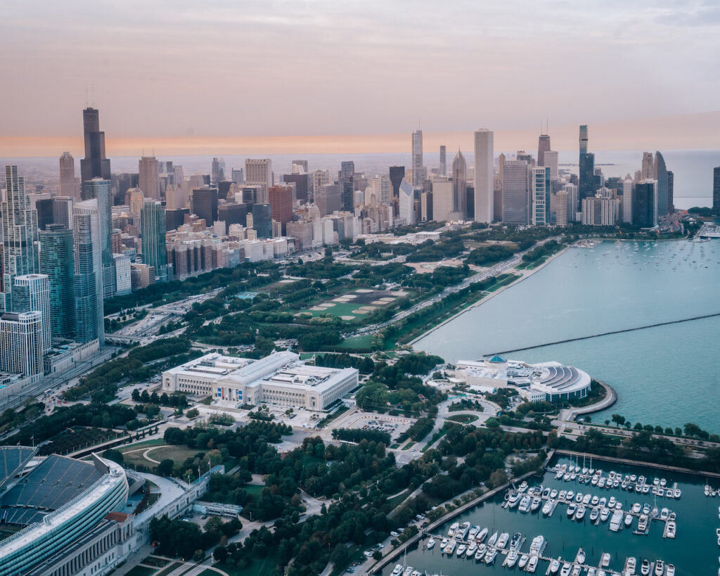 Lake Michigan and downtown Chicago from a helicopter