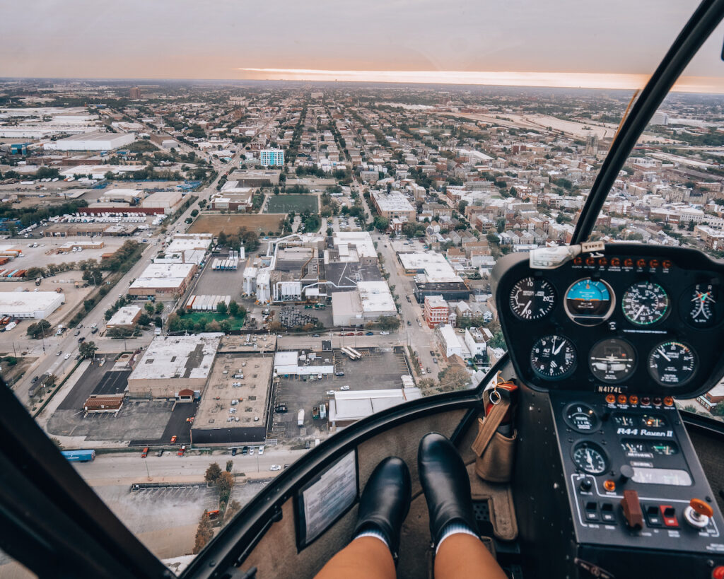 Front-seat view during a Fly Heli Chicago helicopter ride