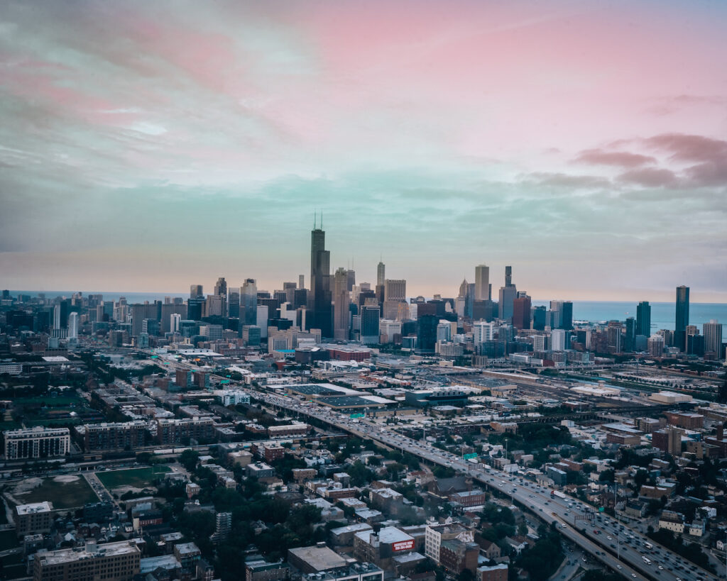 Chicago skyline viewed during a Fly Heli helicopter tour