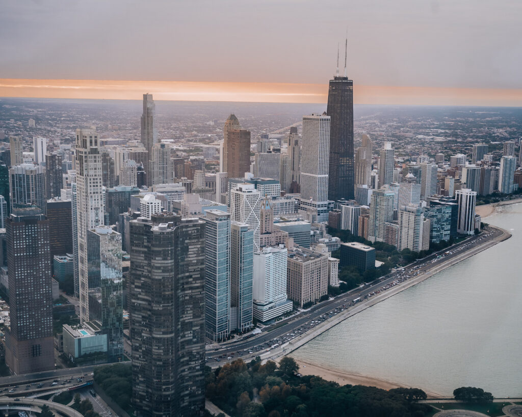 Lake Michigan and John Hancock view from a helicopter