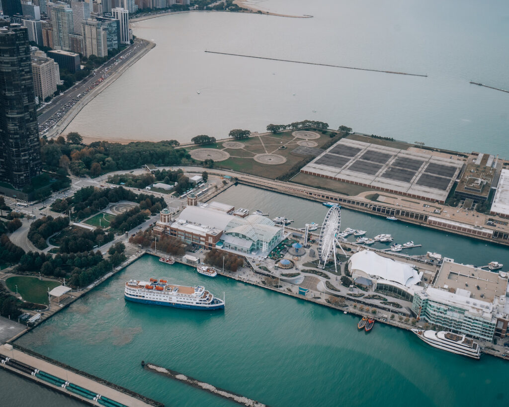 View of Navy PIer and Lake Michigan from a helicopter